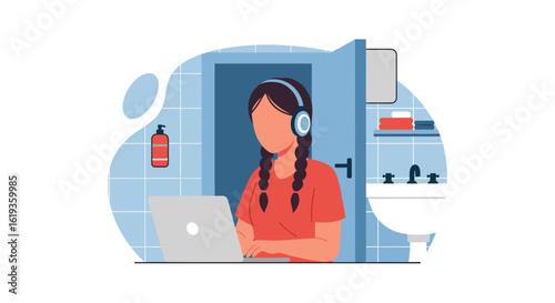 Woman working on laptop in bathroom, perfect for articles about remote work or work-life balance.