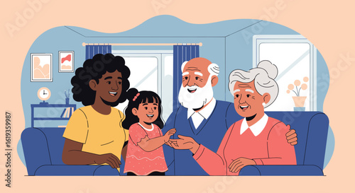 Happy multigenerational family spending time together at home. Perfect for family, love, and togetherness themes.