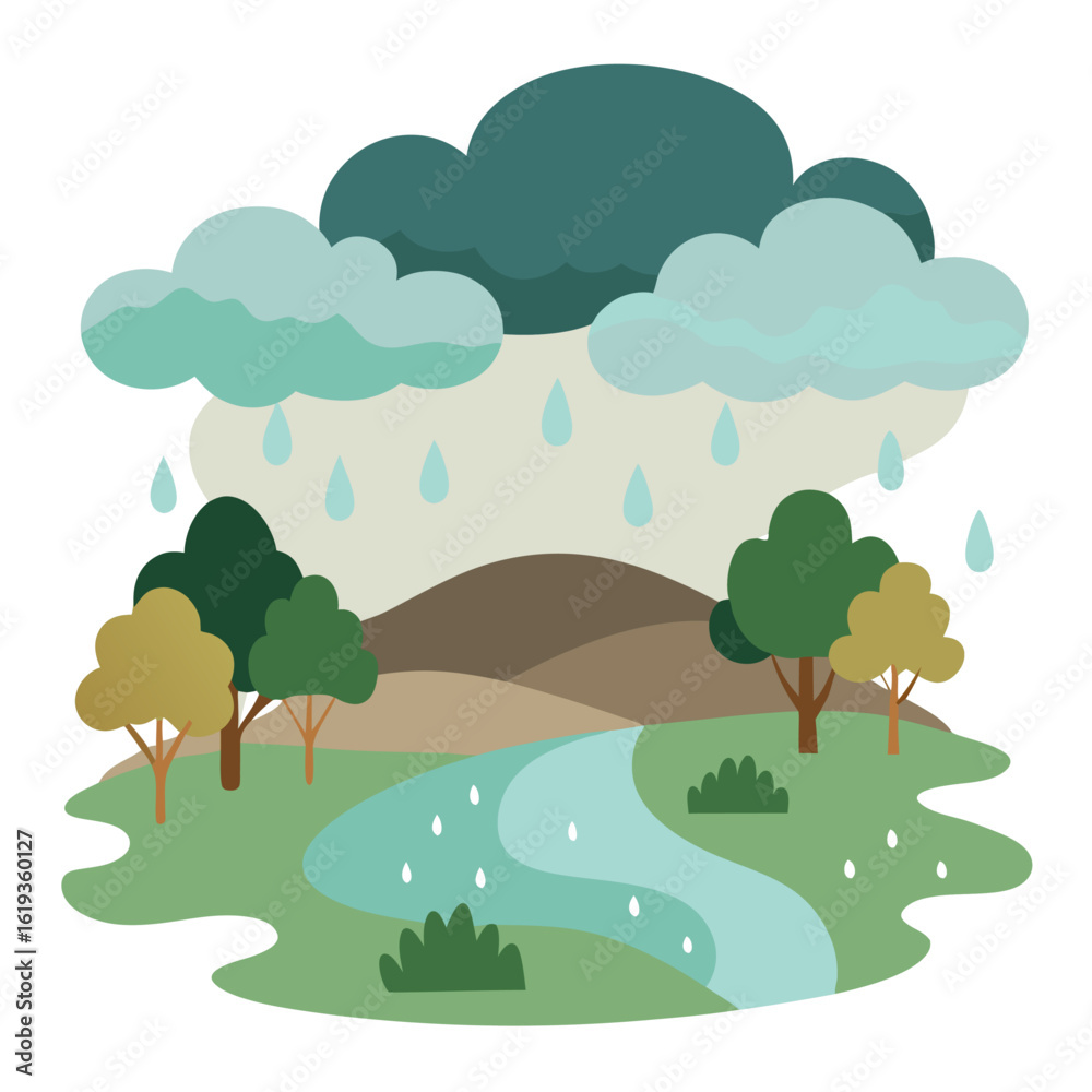 Fototapeta premium Rainy Landscape with Clouds and Puddles - Vector Isolated
