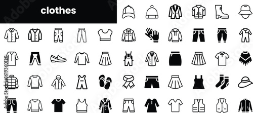 A monochromatic collection of clothing icons featuring various garments like shirts, pants, skirts, and accessories, perfect for fashion-related designs and presentations.
