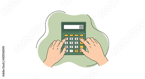 Focused Hands Using a Green Calculator to Perform Mathematical Operations, Symbolizing Personal Finance, Budgeting, and Calculation in Today's Digital Age