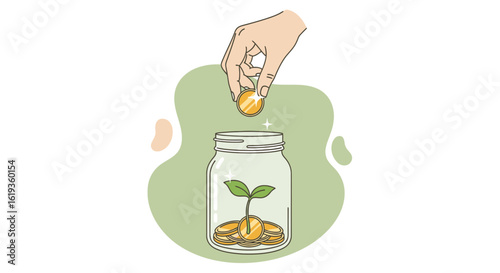 Hand Dropping Coin Into Glass Jar with Plant Growth, Symbolizing Investing and Saving Money for Future Financial Success and Personal Growth in a Minimalist and Modern Illustration Style