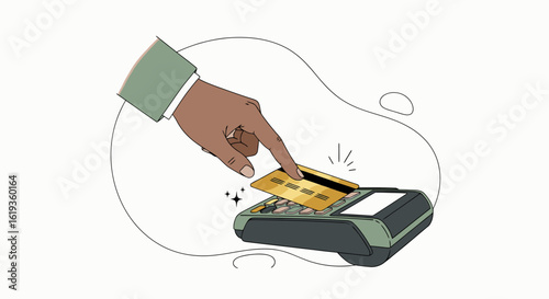 Hand Holding a Credit Card About to Tap on a Modern Payment Terminal, Showcasing the Ease and Convenience of Digital Transactions in a Contemporary Payment Environment
