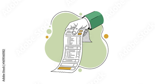 Hand Holding a Receipt Surrounded by a Whimsical Green Background Illustrating Modern Transactions and Payment Processes in a Clean and Contemporary Style
