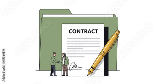 Illustration Depicting a Business Agreement with Two Professionals Shaking Hands Over a Contract Document and a Fountain Pen Next to a Green File Folder