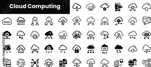 A comprehensive set of black and white icons representing various cloud computing concepts, including PaaS, SaaS, and data security, ideal for tech-related projects.