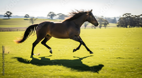 A brown horse running freely in a green field on a sunny day.