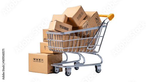 A shopping cart filled with brown cardboard boxes and a stack of boxes next to it isolated