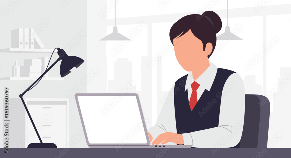 Fototapeta premium Businesswoman working on laptop in modern office - perfect for website banners or presentations.