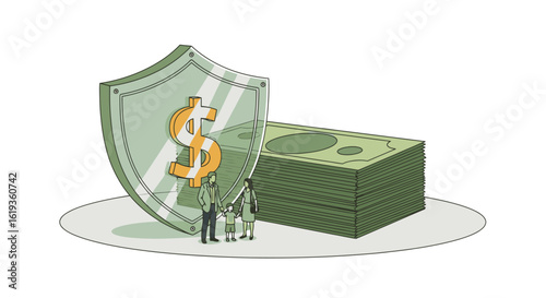 Protecting Family Wealth: A Stylized Illustration Featuring a Shield with a Dollar Sign, Surrounded by Stacks of Money with a Family Embracing Financial Security and Prosperity