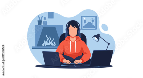Person working from home with two laptops, headphones, and cozy fireplace illustration - perfect for remote work, freelance, or technology websites.