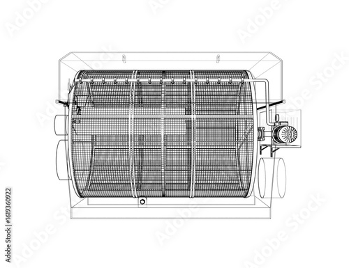 Industrial Rotary Tumbler Dryer Wireframe Blueprint: Advanced Technical Drawing for Manufacturing, Engineering Design, and Factory Automation Schematics. Detailed Monochrome Line Art Illustration.