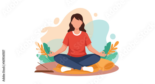 Woman meditating in lotus position, perfect for wellness websites or brochures.