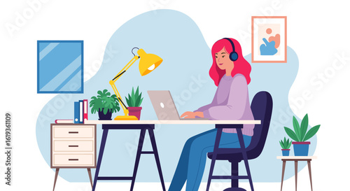 Young woman working from home on laptop, perfect for remote work, freelance, or work-life balance blog posts.