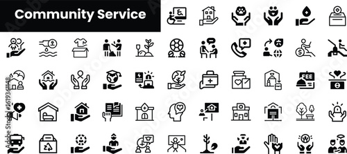 A collection of community service icons featuring diverse activities including volunteering, healthcare, environmental advocacy, and support services, showcasing unity and compassion.