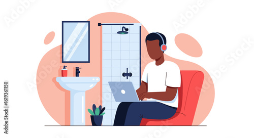 Man working on laptop in bathroom, perfect for articles on remote work, work-life balance, or modern lifestyle.