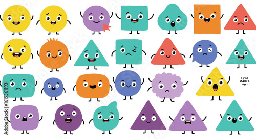 A grid of colorful vector images on a website show cartoon geometric shapes with expressive faces. 