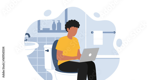 Person working on laptop in bathroom - Illustration for blog, article, or website.