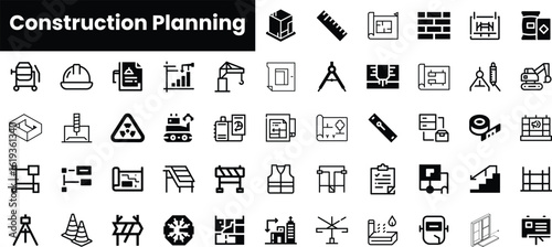 A diverse array of monochrome icons representing construction planning, featuring tools, safety gear, and architectural elements, ideal for design projects.