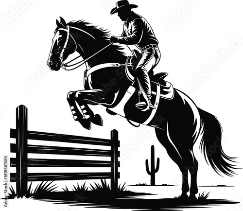 Cowboy horse jumping over fence rodeo