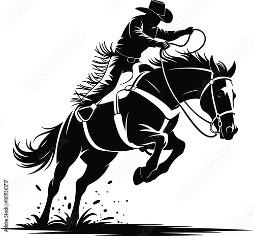 Cowboy on bucking horse lassoing rodeo