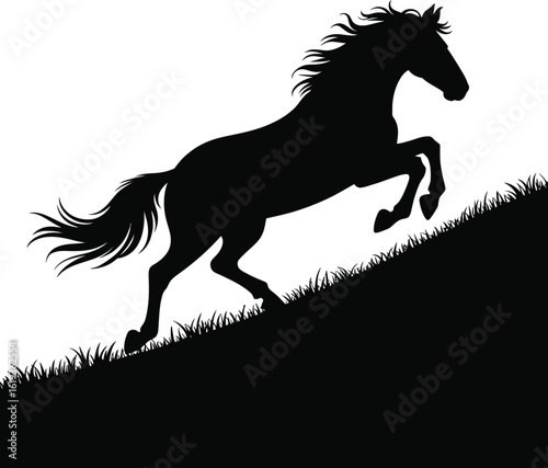 Black horse galloping uphill through grass silhouette