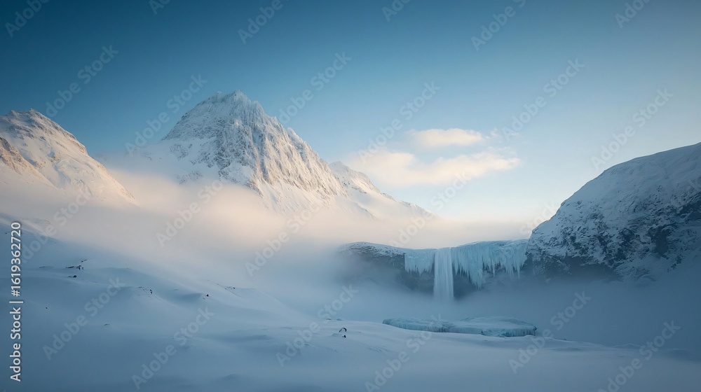 Fototapeta premium Dramatic long exposure view of glacier waterfall in majestic mountain landscape nature photography serene environment