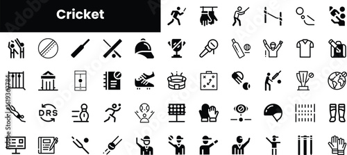 An extensive collection of cricket icons showcasing players, equipment, and gameplay elements, perfect for sports-related projects and designs.
