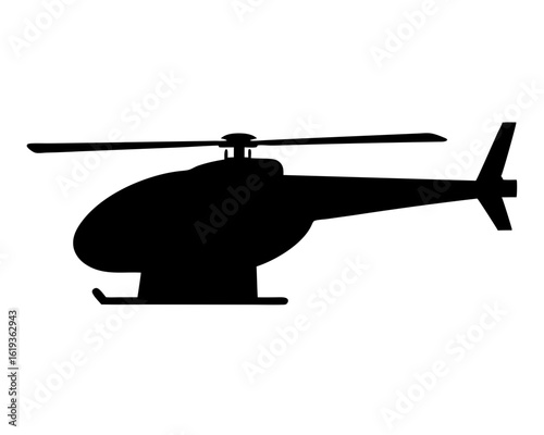 Black silhouette of a helicopter with rotor blades and tail fin