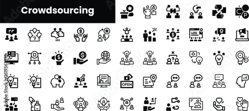 A collection of diverse icons representing crowdsourcing concepts, showcasing teamwork, collaboration, and innovation in a modern graphic style.