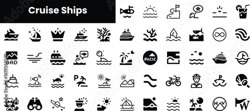 A collection of simple cruise ship icons, showcasing various maritime elements like boats, waves, and ocean scenery in a minimalist black and white design.