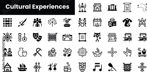 A diverse collection of icons representing various cultural experiences, including art, traditions, and community activities in a monochrome design.