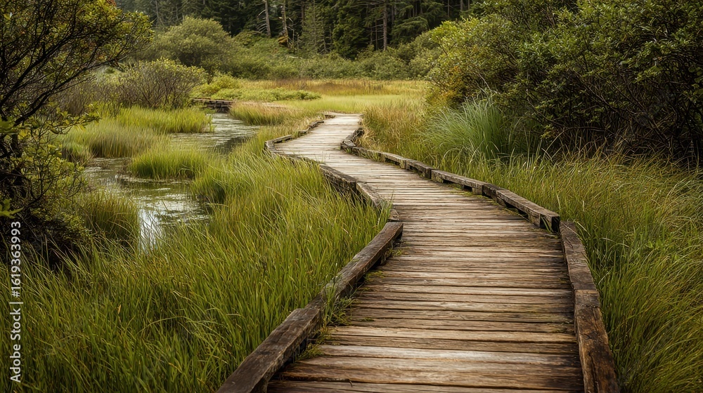 Obraz premium Wooden boardwalk stretches across swamp in natural setting. Nature trail ad