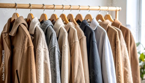 Neutral-toned coats and sweaters hang neatly on a wooden rack