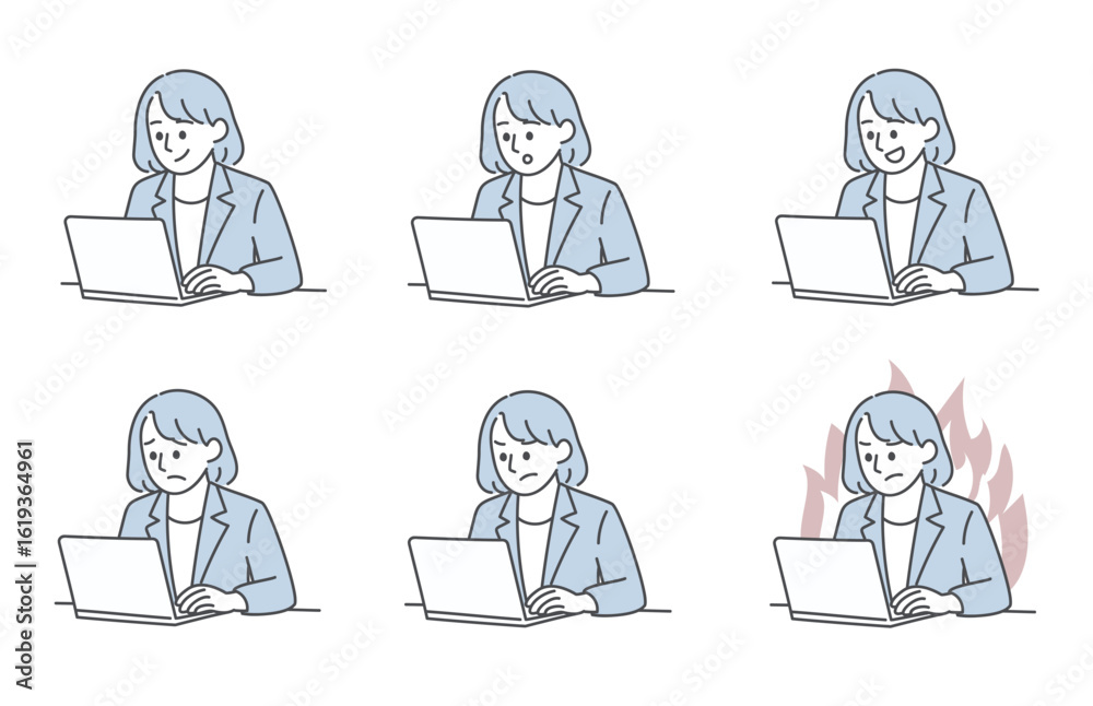 女性会社員のパソコン作業と感情バリエーションのイラスト 女性会社員のパソコン作業と感情バリエーションのイラスト