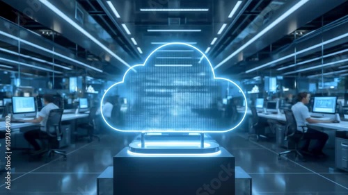 Futuristic data center with glowing cloud symbol, employees working on computers, digital innovation environment