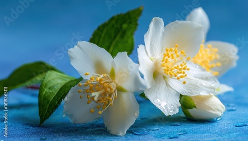White Blossoms on Blue Surface - For Beauty Product Presentation & Botanical Education