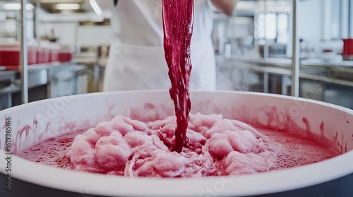 Red liquid being poured into a large container filled with a foamy substance.