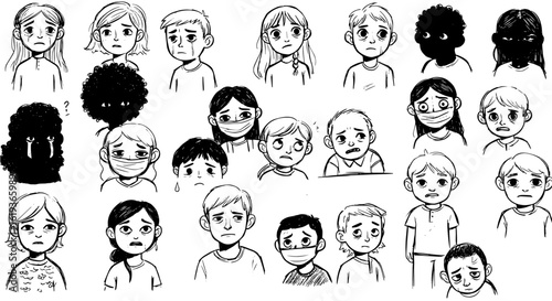 Illustrations of emotionally distressed children, some with obscured faces or medical masks, conveying themes of sadness, anxiety, and vulnerability.