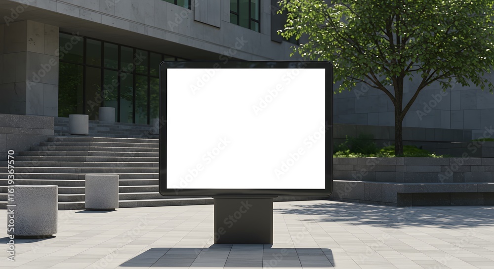 Obraz premium A modern digital billboard with a blank white screen stands prominently in an urban outdoor public space, surrounded by contemporary architecture and concrete elements