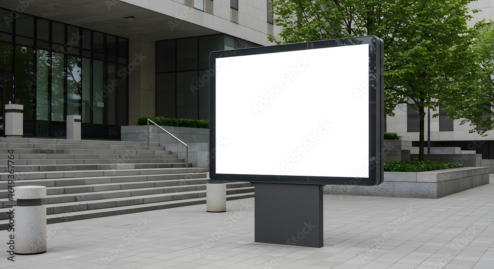 Fototapeta premium A modern blank billboard with a large white screen stands prominently in an urban plaza, ready for advertising or promotional content, set against a contemporary building facade
