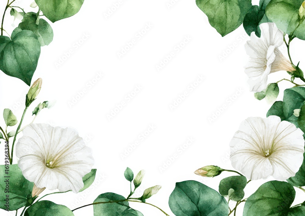 Fototapeta premium Floral frame of white flowers and green leaves