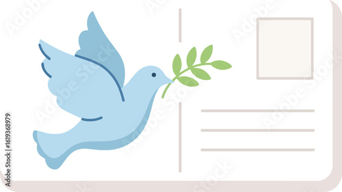 A light blue dove carrying an olive branch is depicted on a blank postcard, symbolizing peace and hope.
