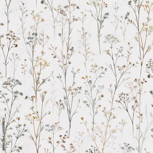 Seamless pattern of delicate wildflowers in muted colors, light beige,  pale blue, brown, and gray, on a white background