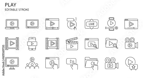 E-learning and webinar line icon set. A collection of symbols for online courses, live tutorials, and educational video content.

