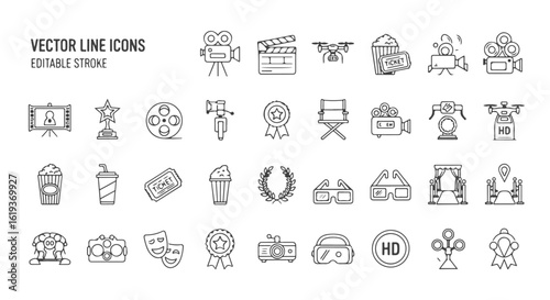 Cinema and film production line icon set. A vector collection of movie entertainment symbols including camera, clapperboard, film strip, and projector.

