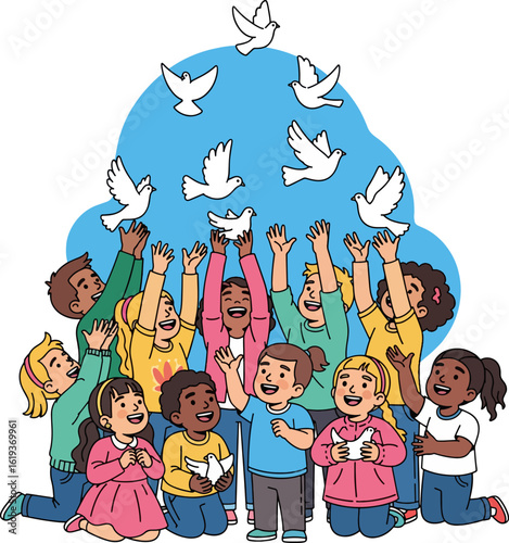 Children joyfully releasing doves, symbolizing peace and unity.
