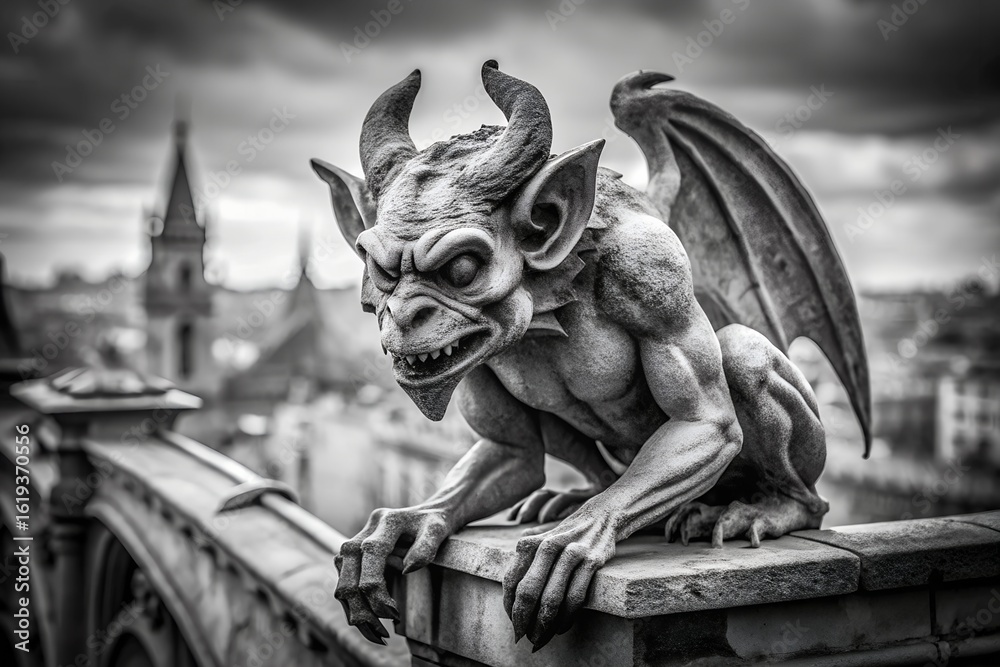 Fototapeta premium Gothic Gargoyle Statue on a Bridge Overlooking Cityscape