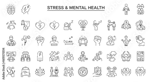 Psychology and emotion icon set. Outline illustrations of human feelings and psychological states like anxiety, depression, and stress.


