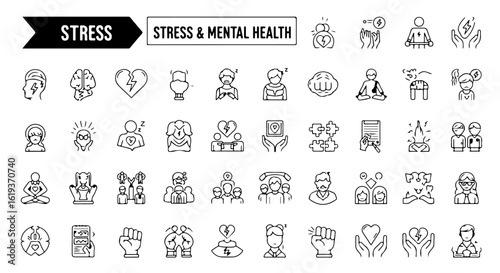 Mental health and stress line icon set. A comprehensive vector collection of symbols for psychology, wellness, anxiety, and depression.

